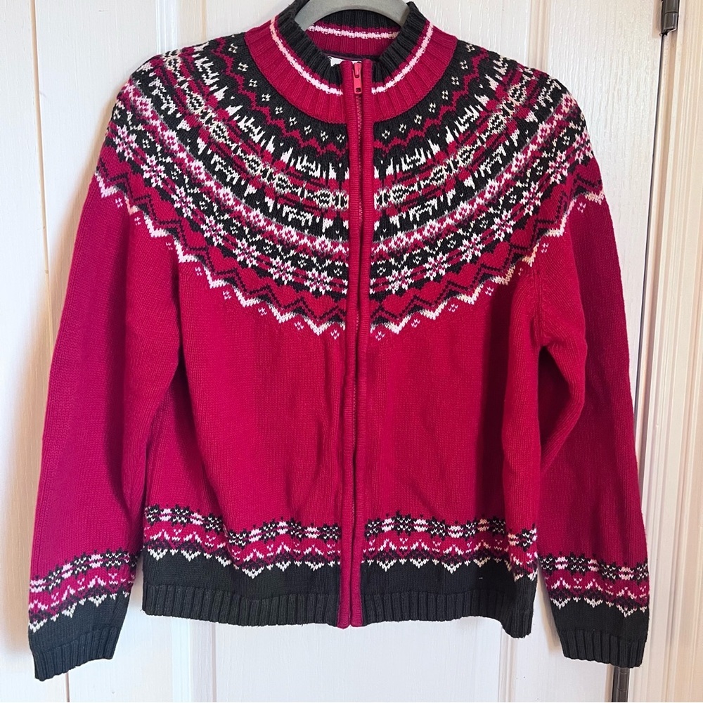 Tiara Red and Black Fair Isle Grandpacore lodge cozy Cardigan Size Large Zip Up